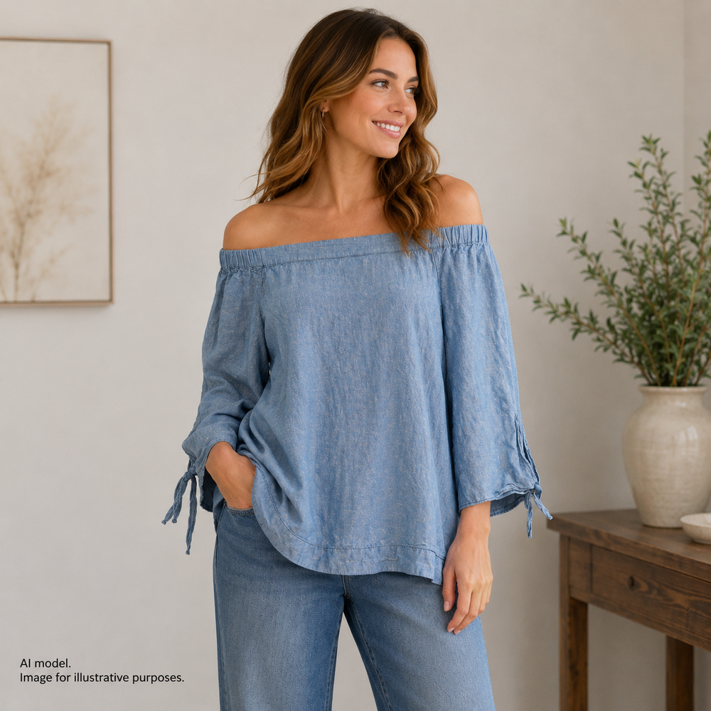 Free People Shirt Womens Small Blue Off Shoulder Cotton Linen Tunic Top
